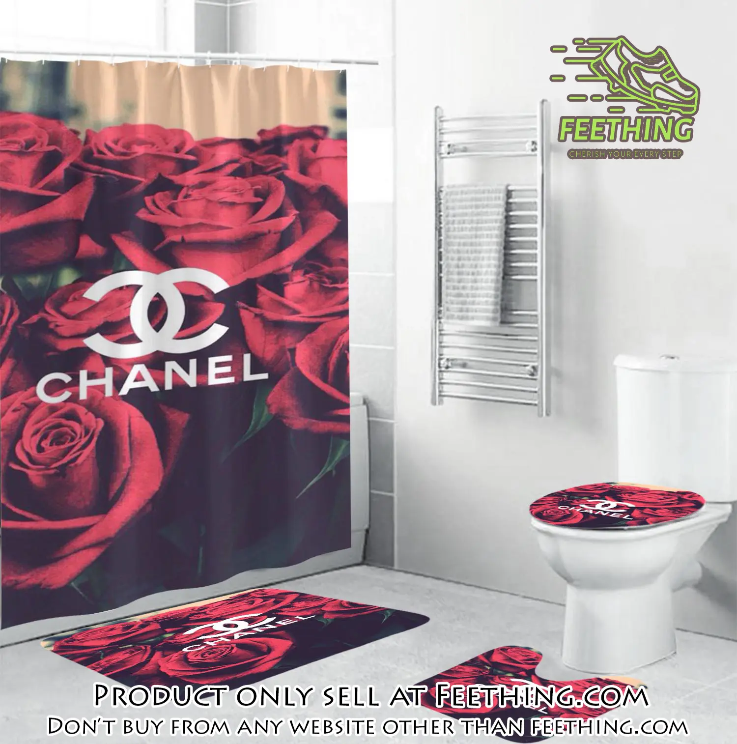 Coco chanel logo in red roses background bathroom set shower curtain ft3257439
